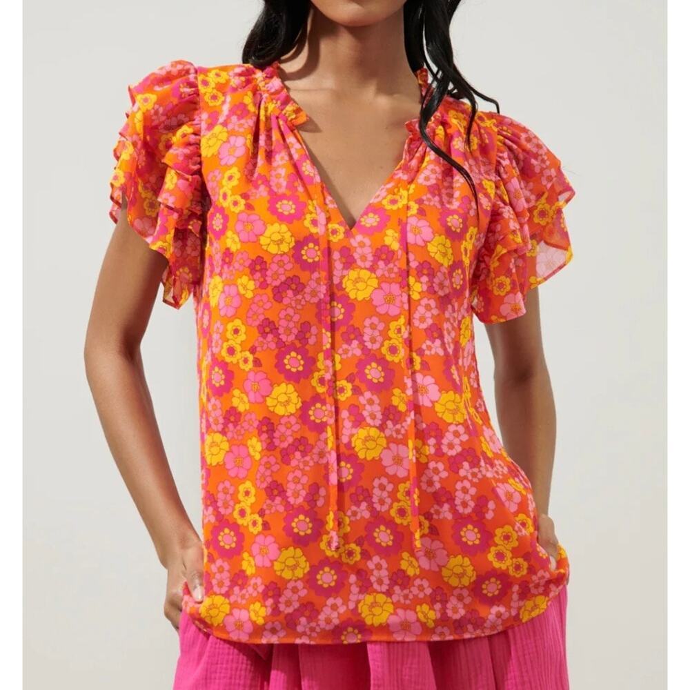 SugarLips Kitt Retro Floral Montie Lined Ruffle Tie Neck Top Sz XS | EUC